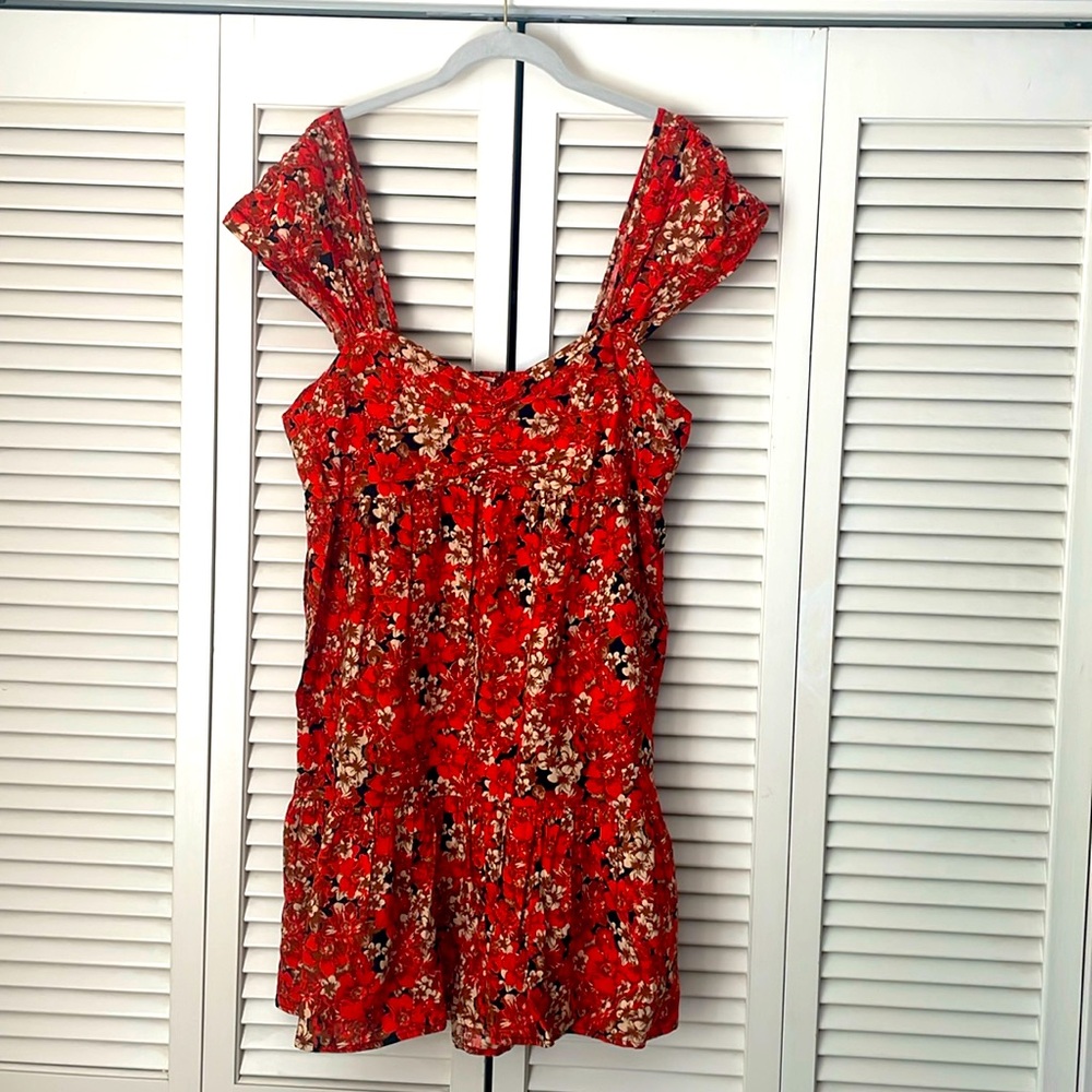 Free People pattern play mini babydoll dress Sz L linen blend orange/ brown boho